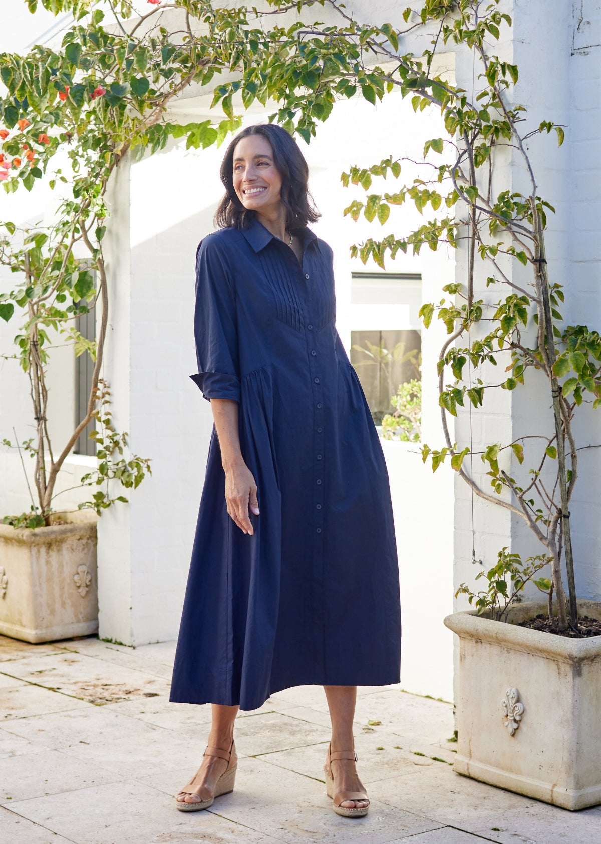 Susie Midi Shirtdress - French Navy - 3/4 Sleeves w/ Pockets