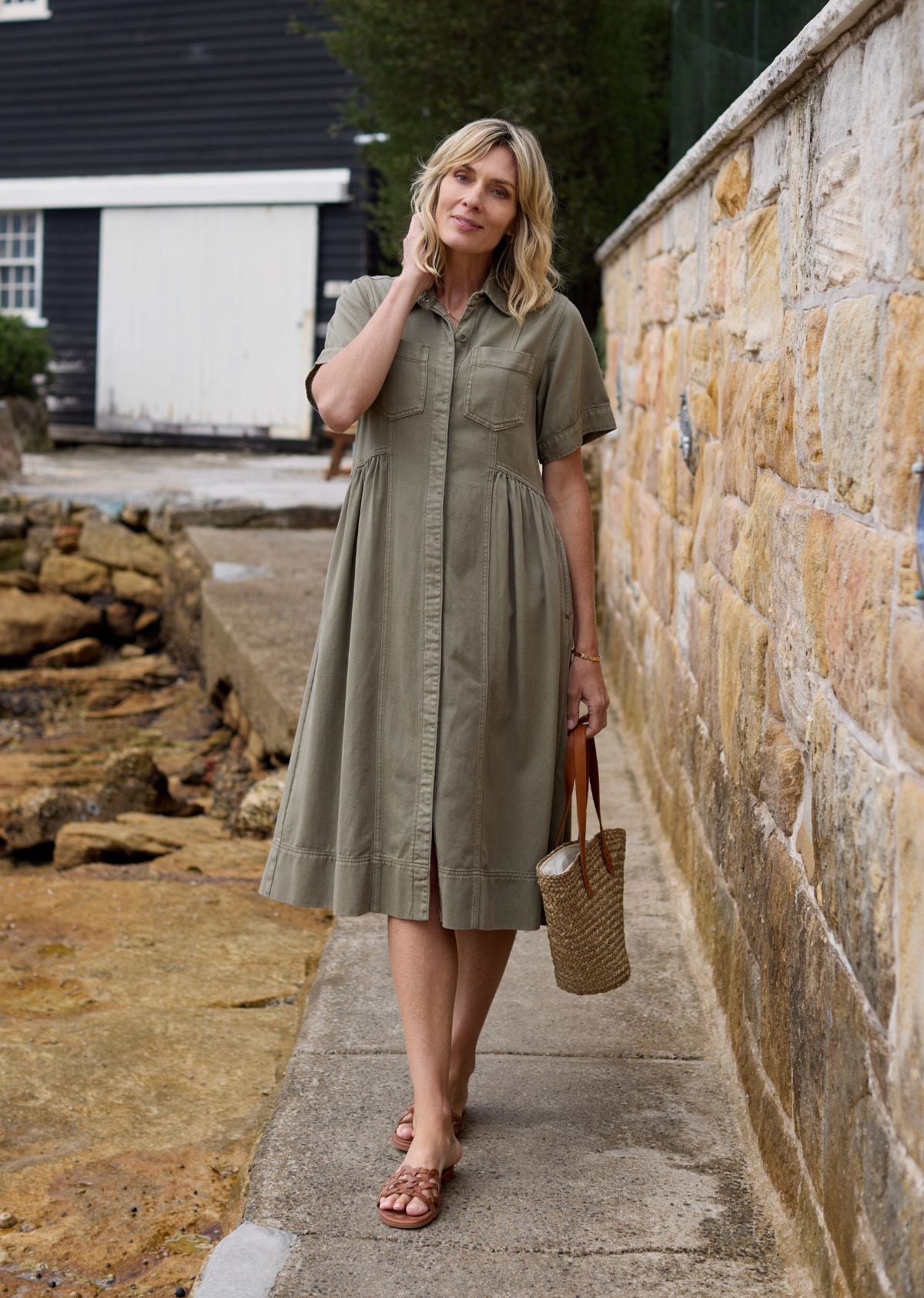 Montana Denim Midi Shirtdress - Khaki - Short Sleeves w/ Button Down Front, M