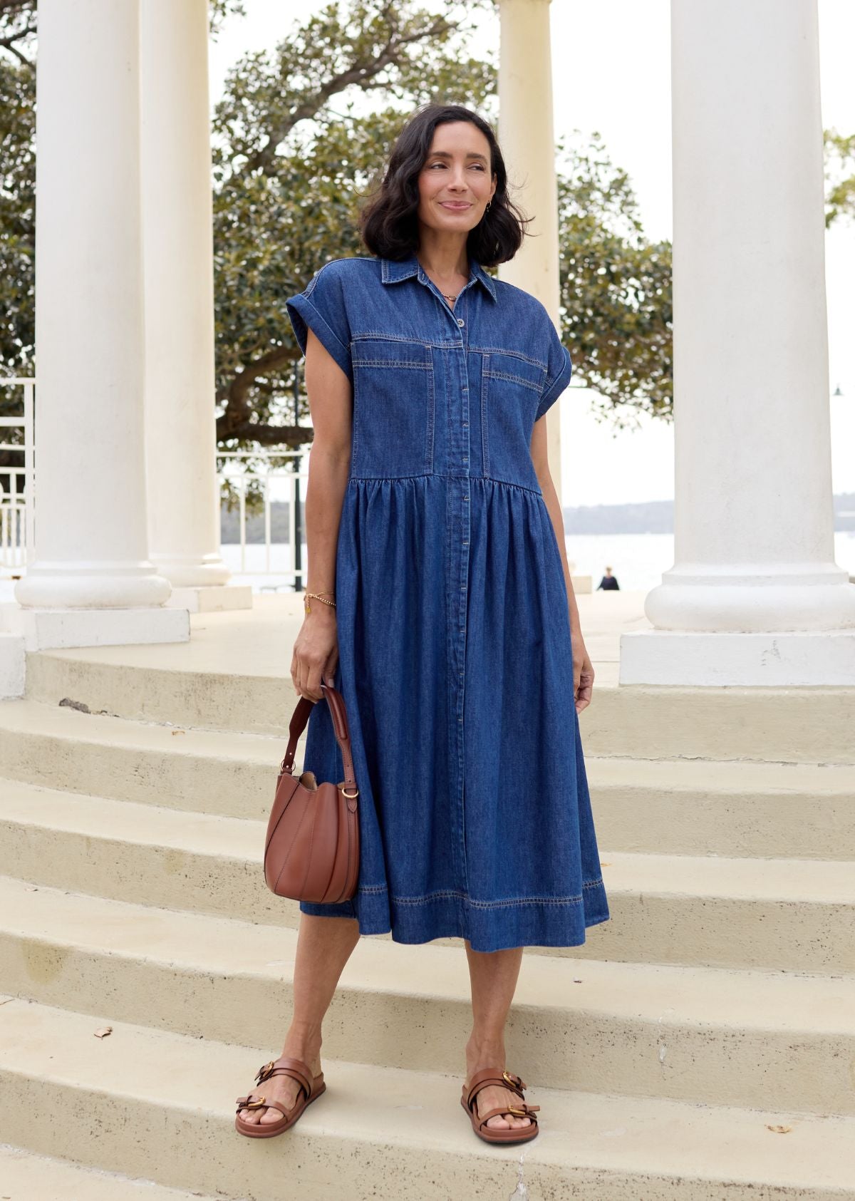Harper Denim Midi Dress - Mid Blue - 100% Cotton, Cap Sleeve, XS