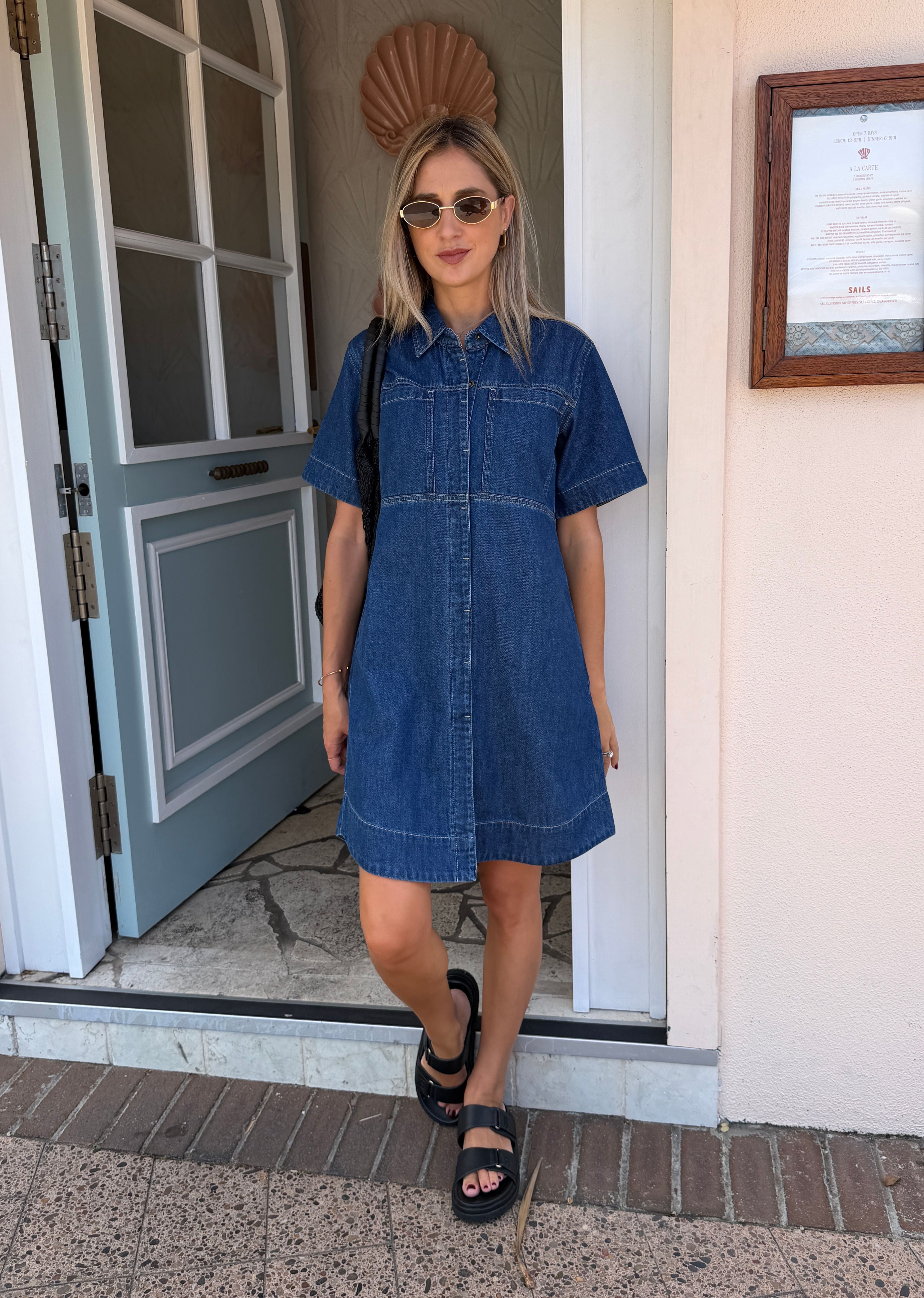 denim dresses near me SADIE SHIRT DRESS feminine touch Sleeves Iris Dress - Indigo SHORT FITTED DRESS Size:L - T