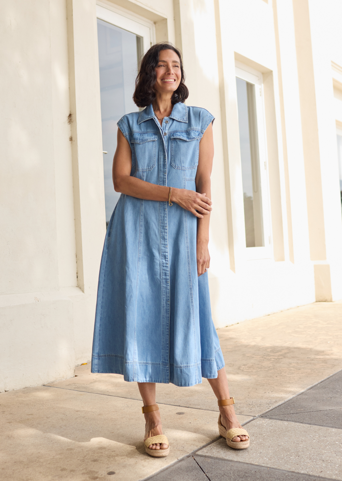 Rumi Midi Shirtdress - Light Blue - Petite - 100% Cotton Mid-weight Denim, L
