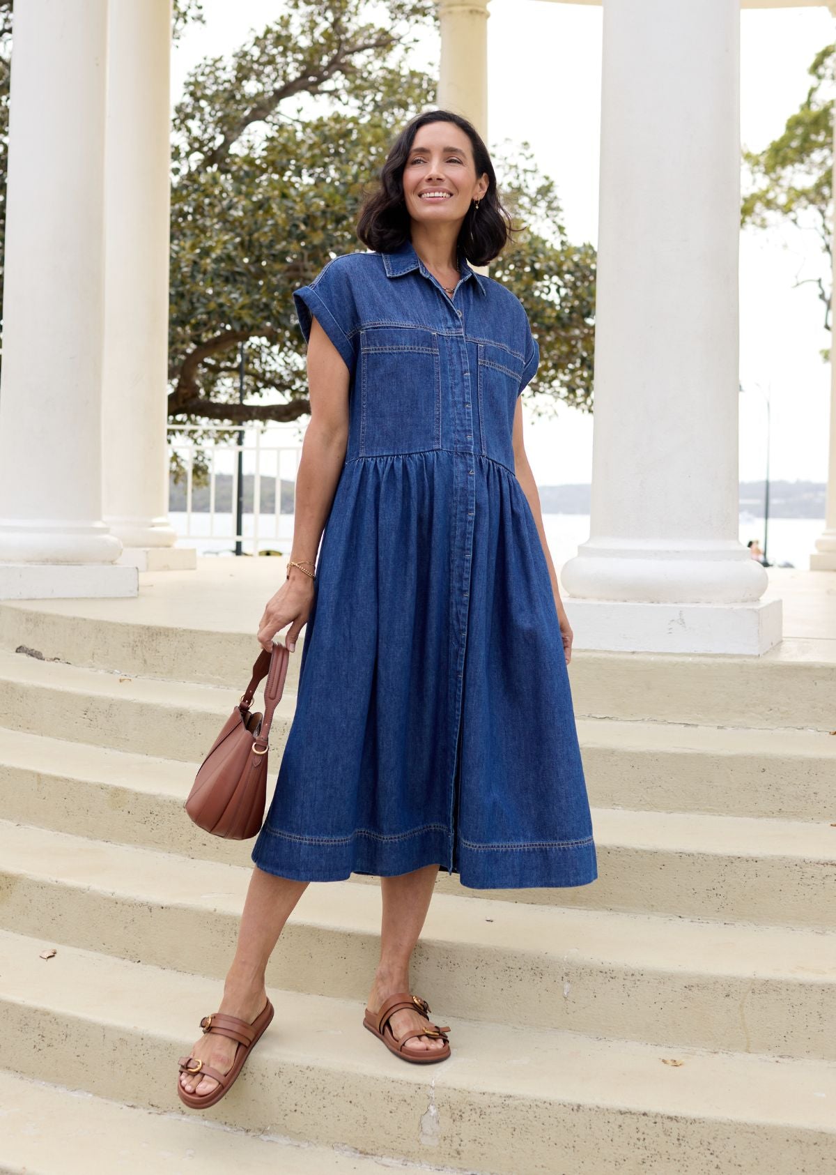 Harper Denim Midi Dress - Mid Blue - Petite - 100% Cotton, Cap Sleeve, S