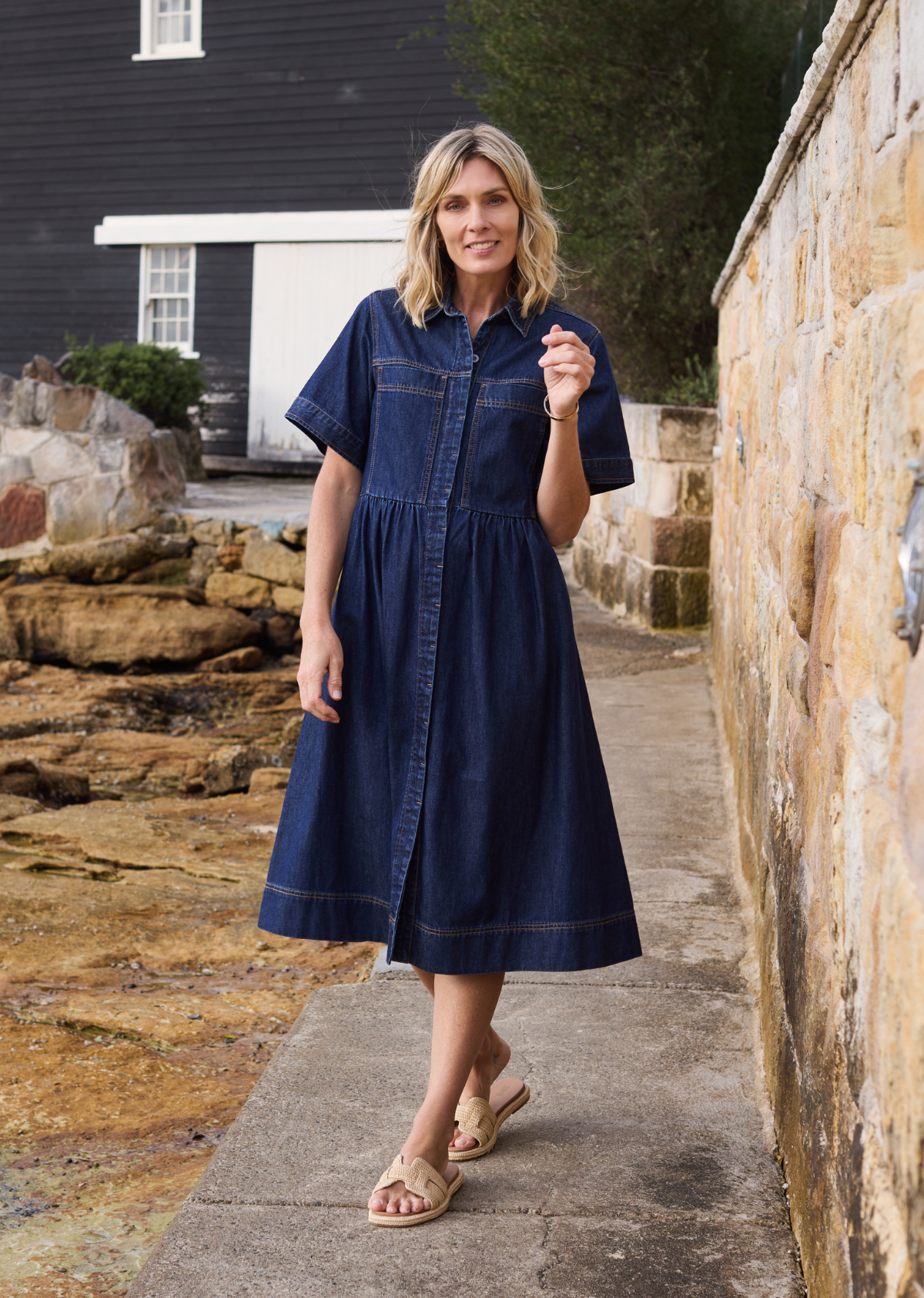 denim dress knee length Women's Harley - Cotton - Collared Neck - Short Sleeve - Indigo, S Nba Jersey Dress - This Denim Frayed Knee Plunging V-Neckline Color:Sakura Pink