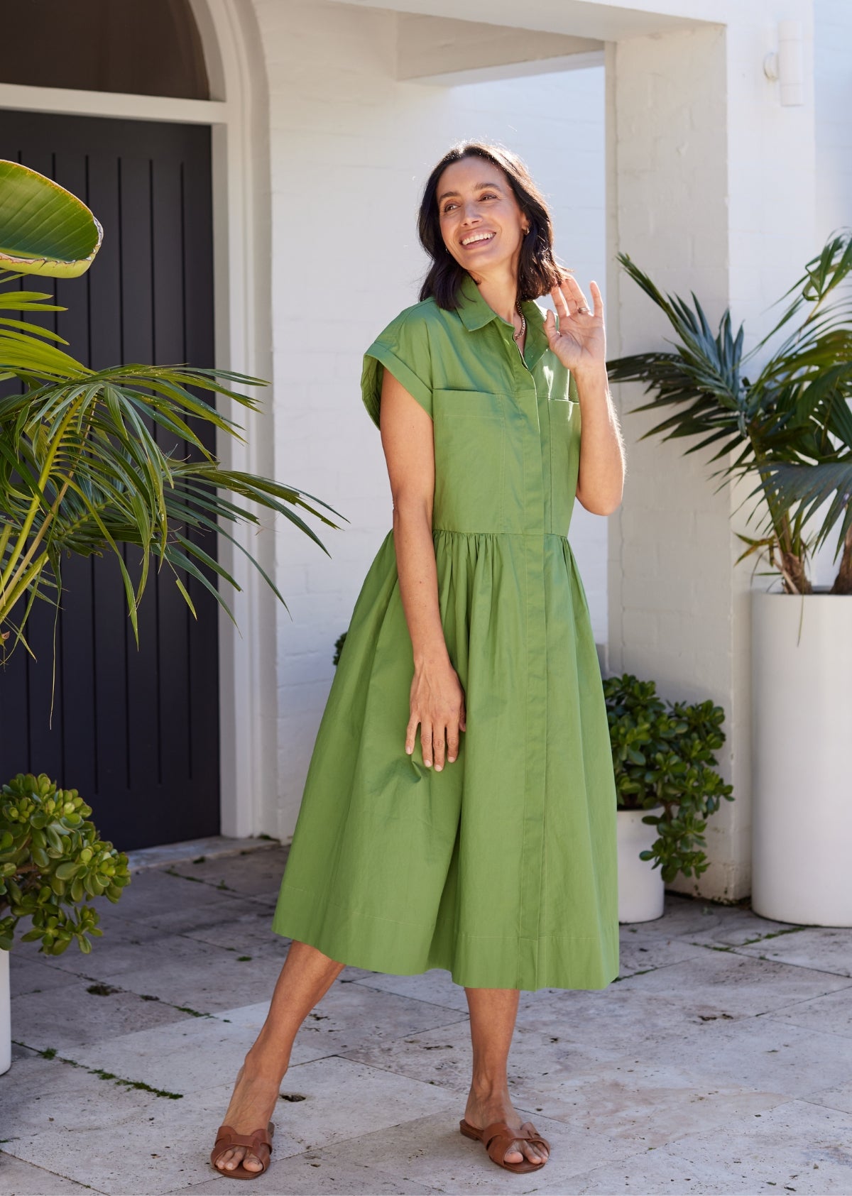 Harper Midi Shirtdress w/ Cap Sleep - Apple Green - 100% Cotton Poplin