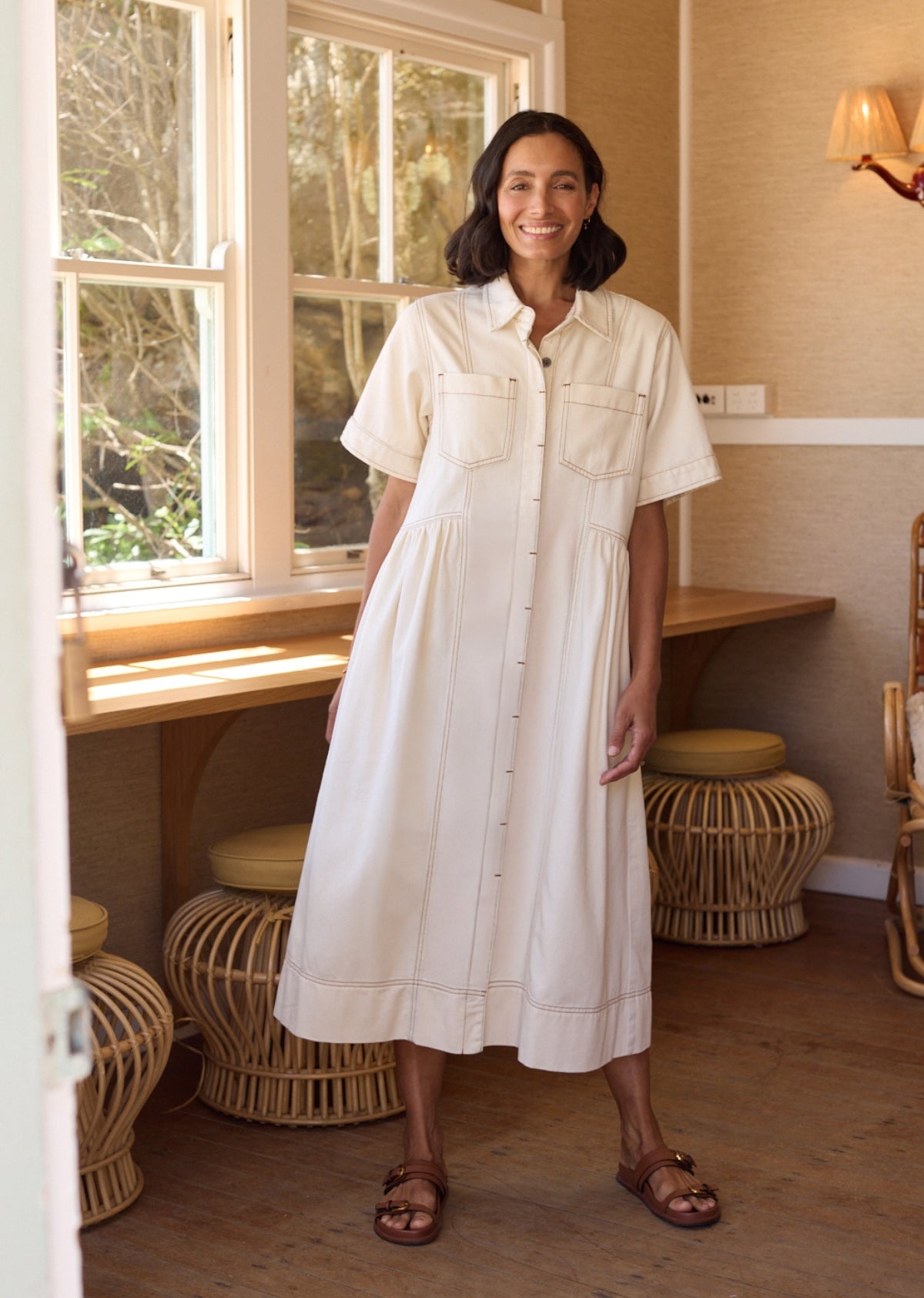 Montana Denim Midi Shirtdress - Ecru - Short Sleeves w/ Button Down Front, L