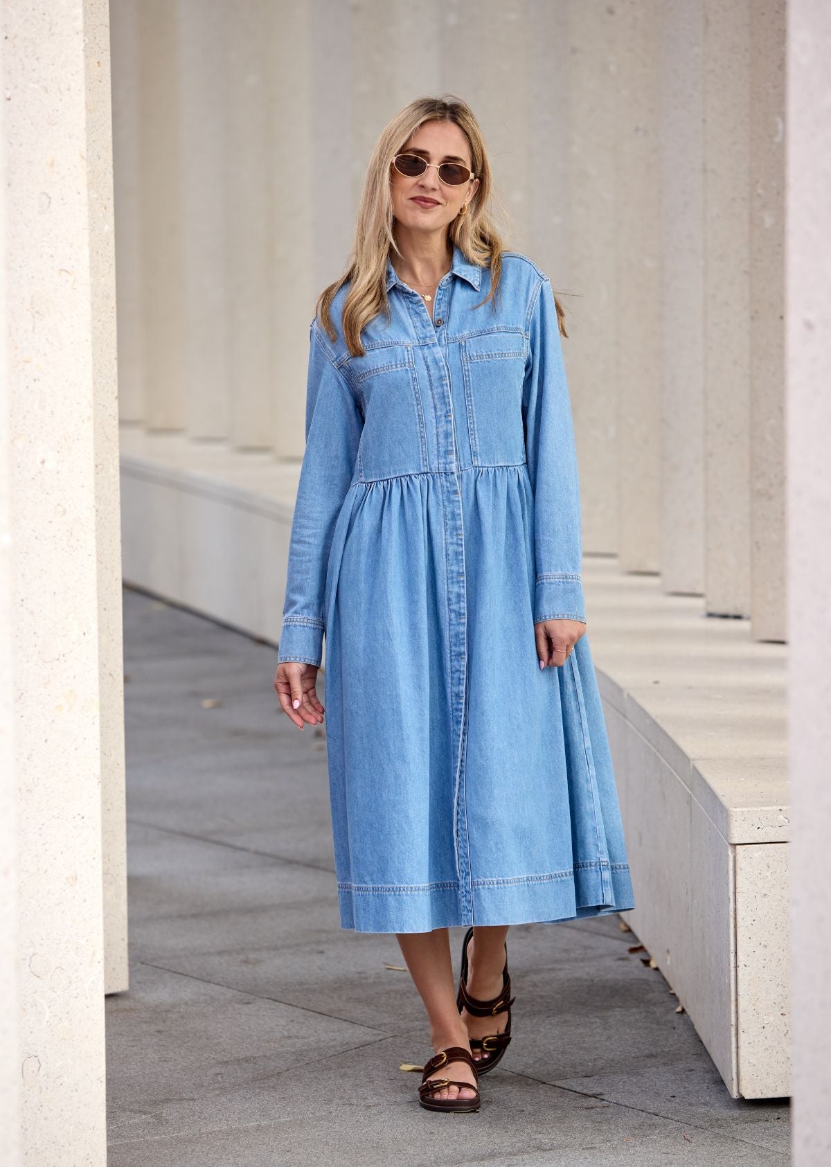 HARPER LONG SLEEVE DENIM SHIRTDRESS - LIGHT BLUE