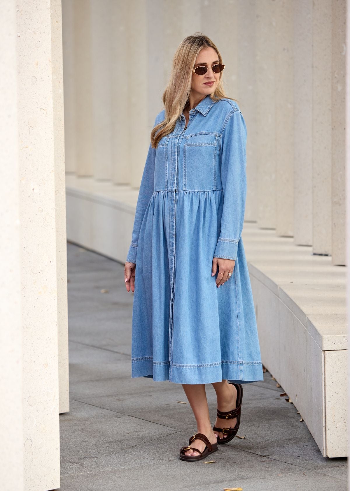 HARPER LONG SLEEVE DENIM SHIRTDRESS - LIGHT BLUE