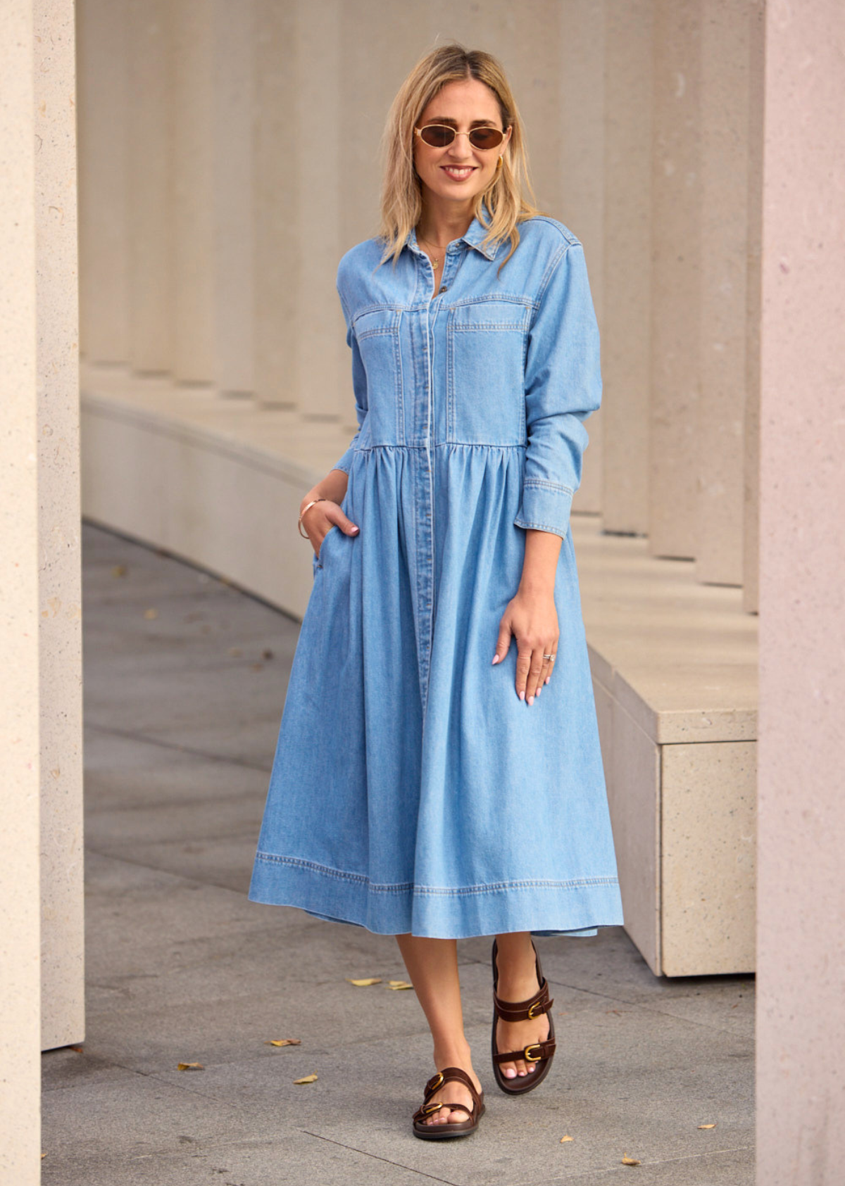HARPER LONG SLEEVE DENIM SHIRTDRESS - LIGHT BLUE