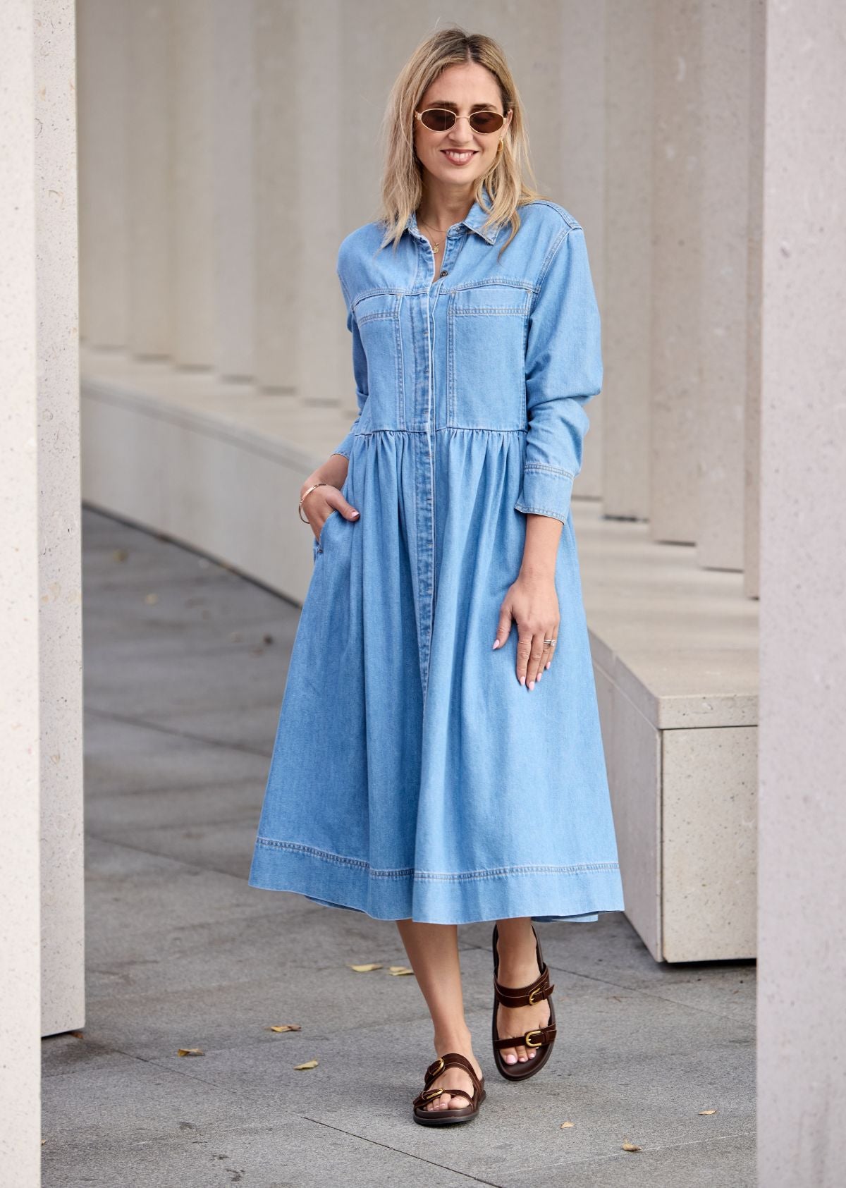 HARPER LONG SLEEVE DENIM SHIRTDRESS - LIGHT BLUE