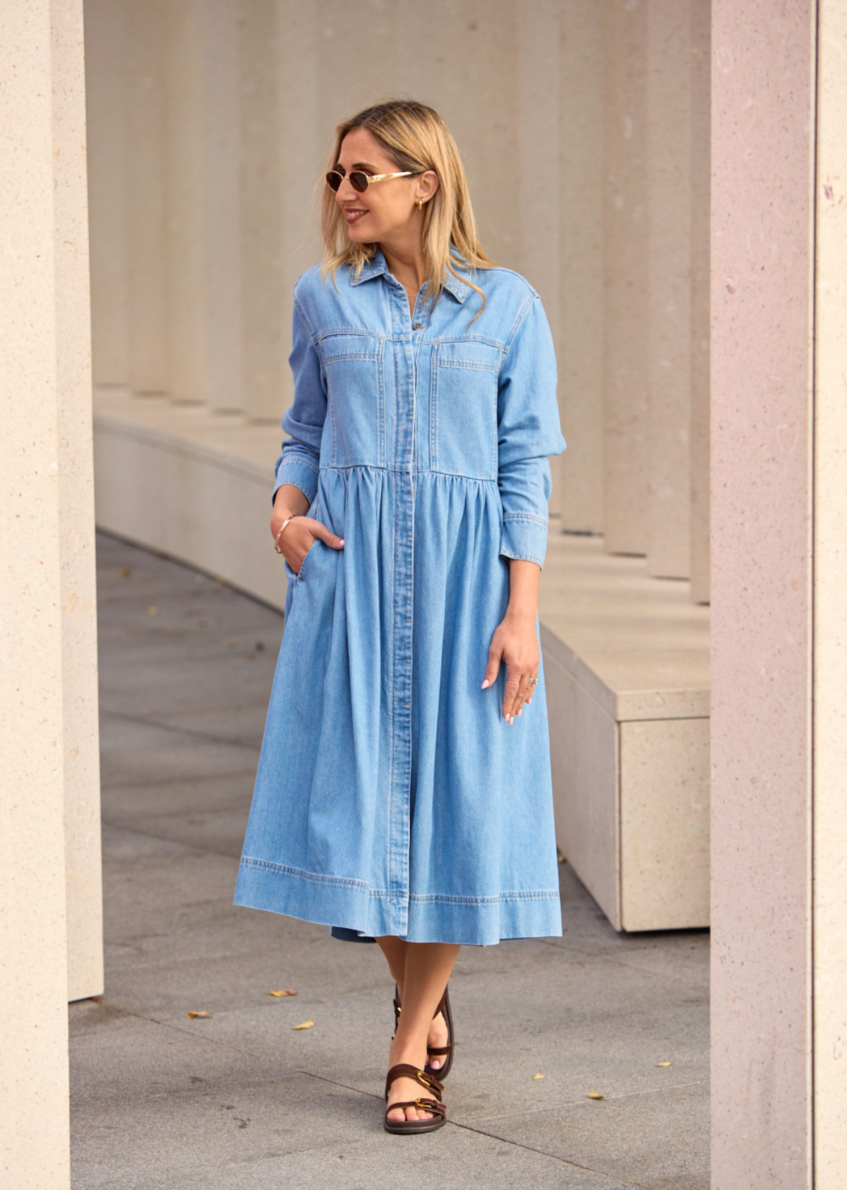 HARPER LONG SLEEVE DENIM SHIRTDRESS - LIGHT BLUE