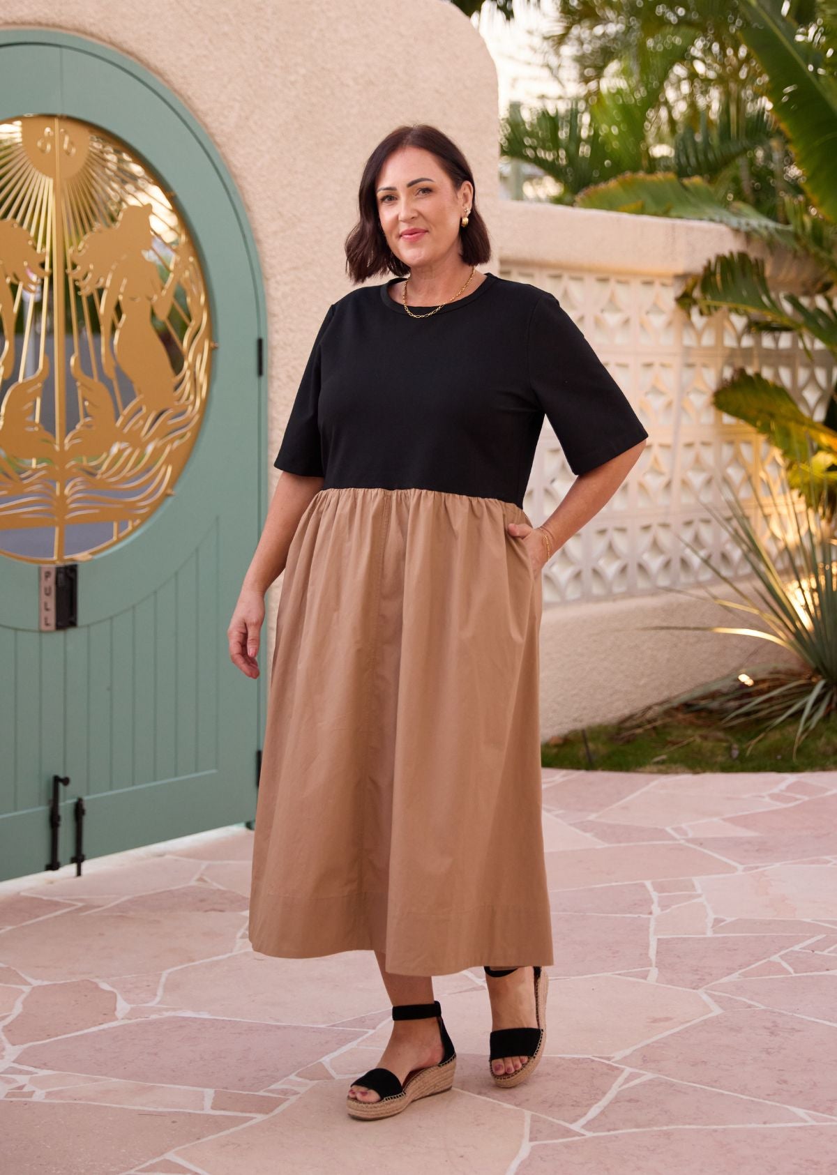 Mimi Midi Dress - Black/Camel - Short Sleeve Bodice, M