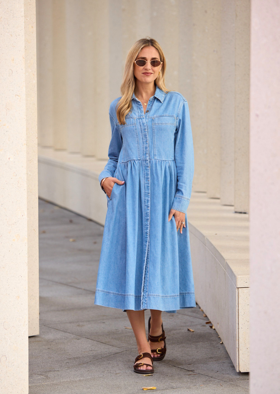 HARPER LONG SLEEVE DENIM SHIRTDRESS - LIGHT BLUE