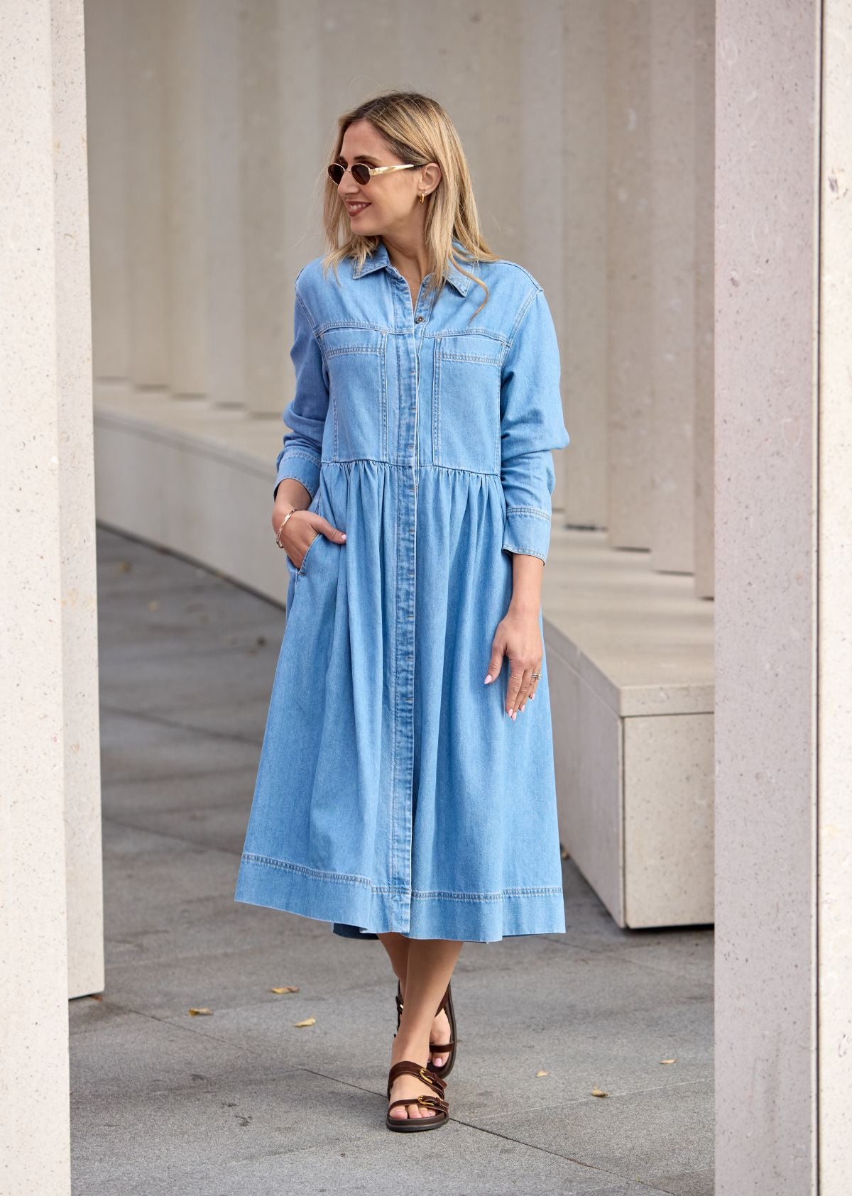 HARPER LONG SLEEVE DENIM SHIRTDRESS - LIGHT BLUE