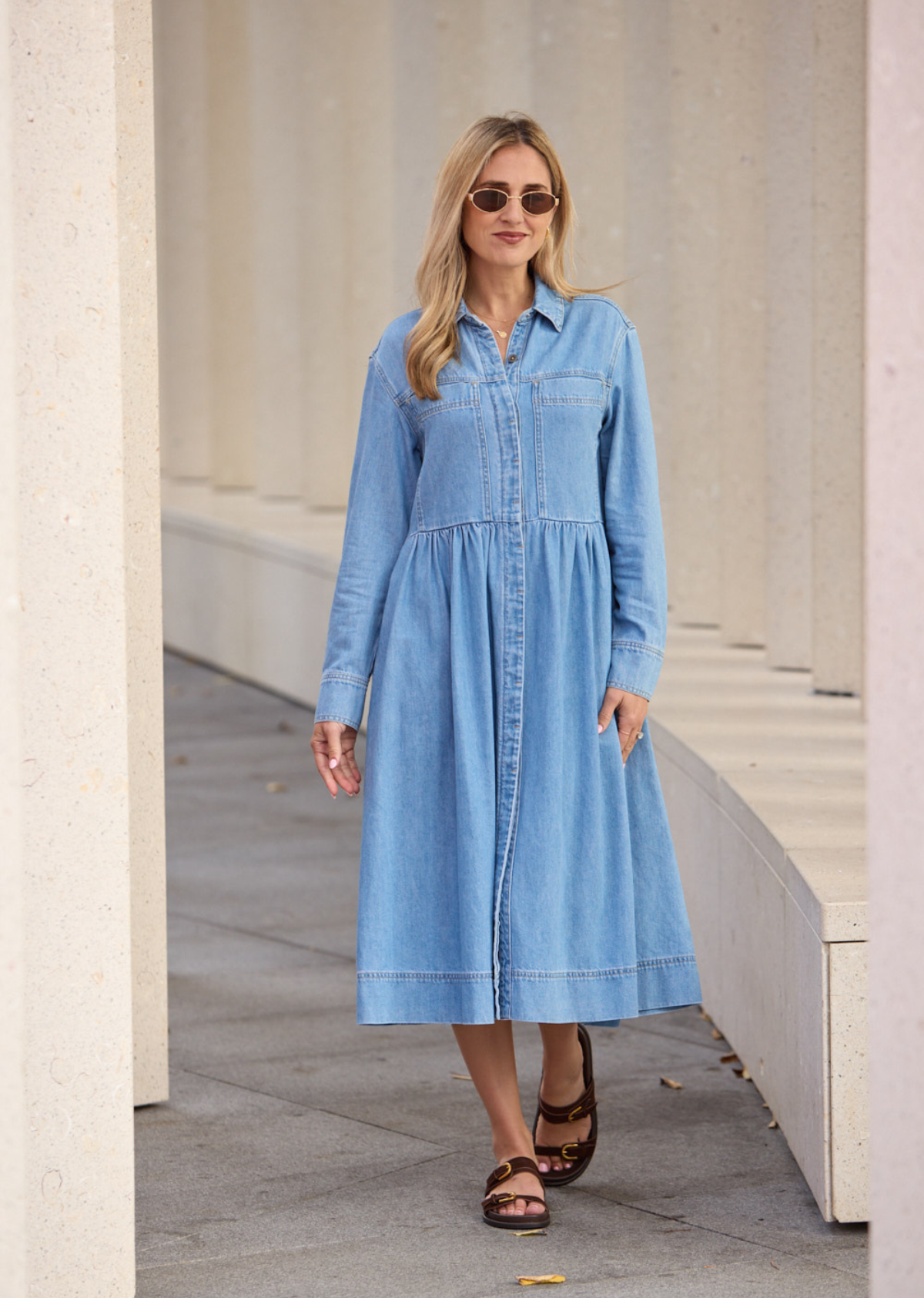 HARPER LONG SLEEVE DENIM SHIRTDRESS - LIGHT BLUE