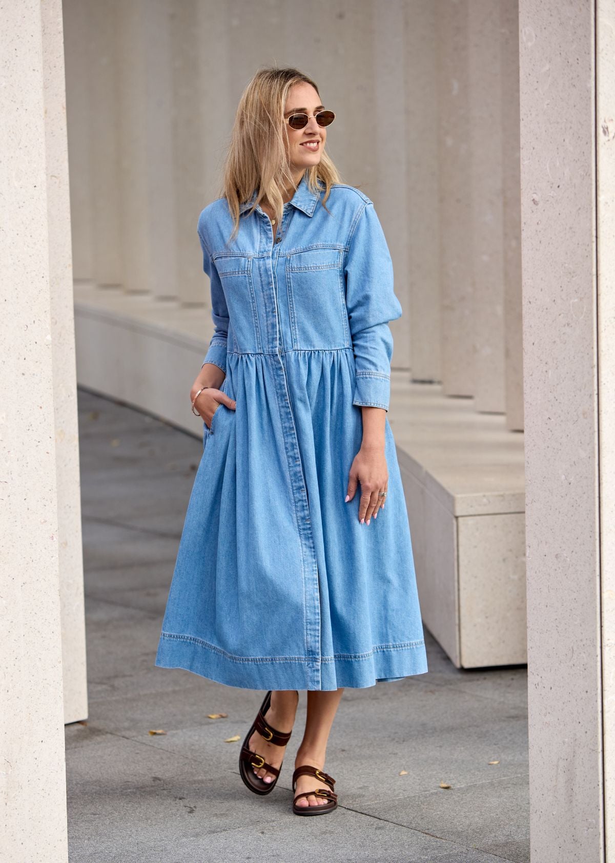 HARPER LONG SLEEVE DENIM SHIRTDRESS - LIGHT BLUE