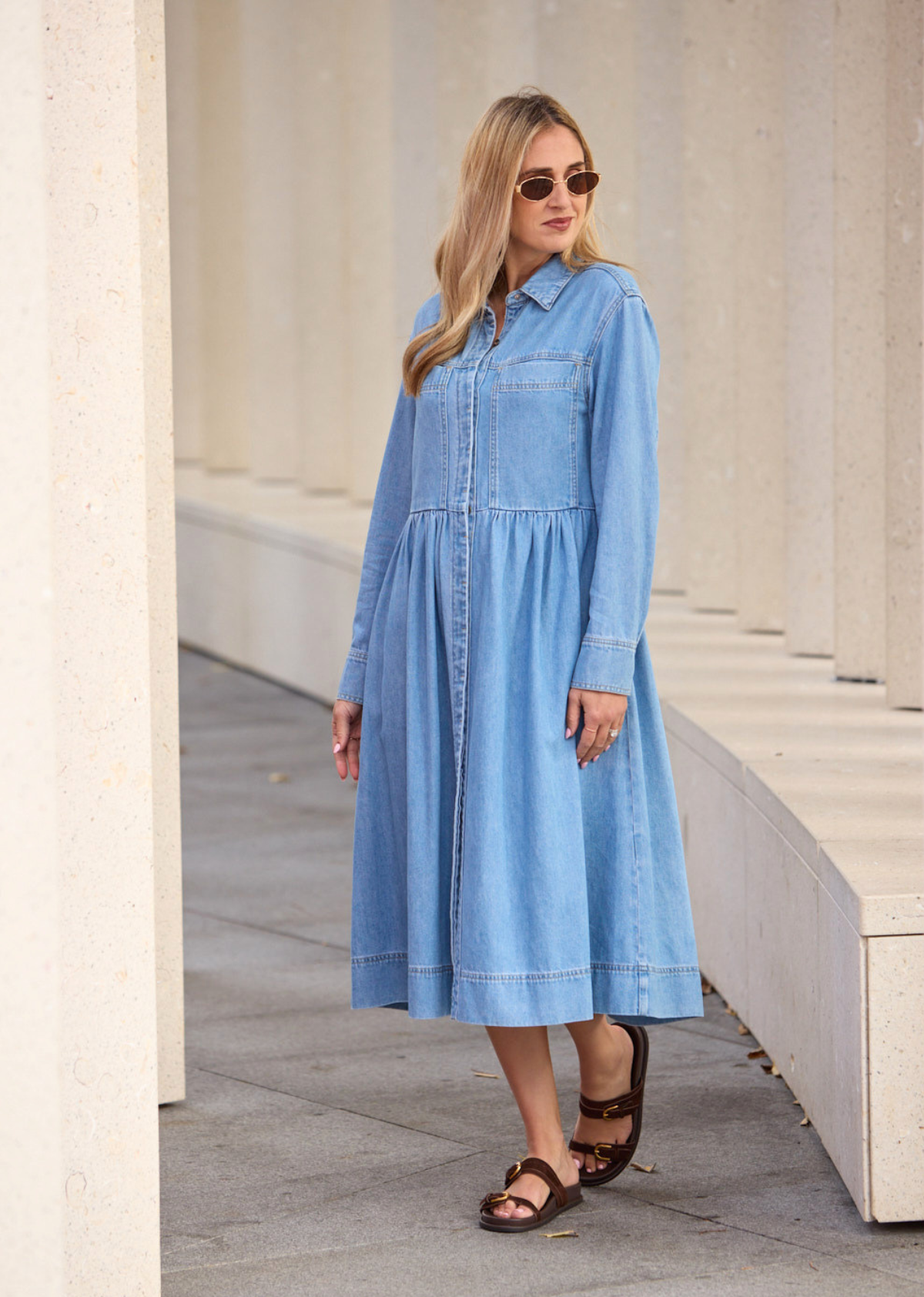 HARPER LONG SLEEVE DENIM SHIRTDRESS - LIGHT BLUE