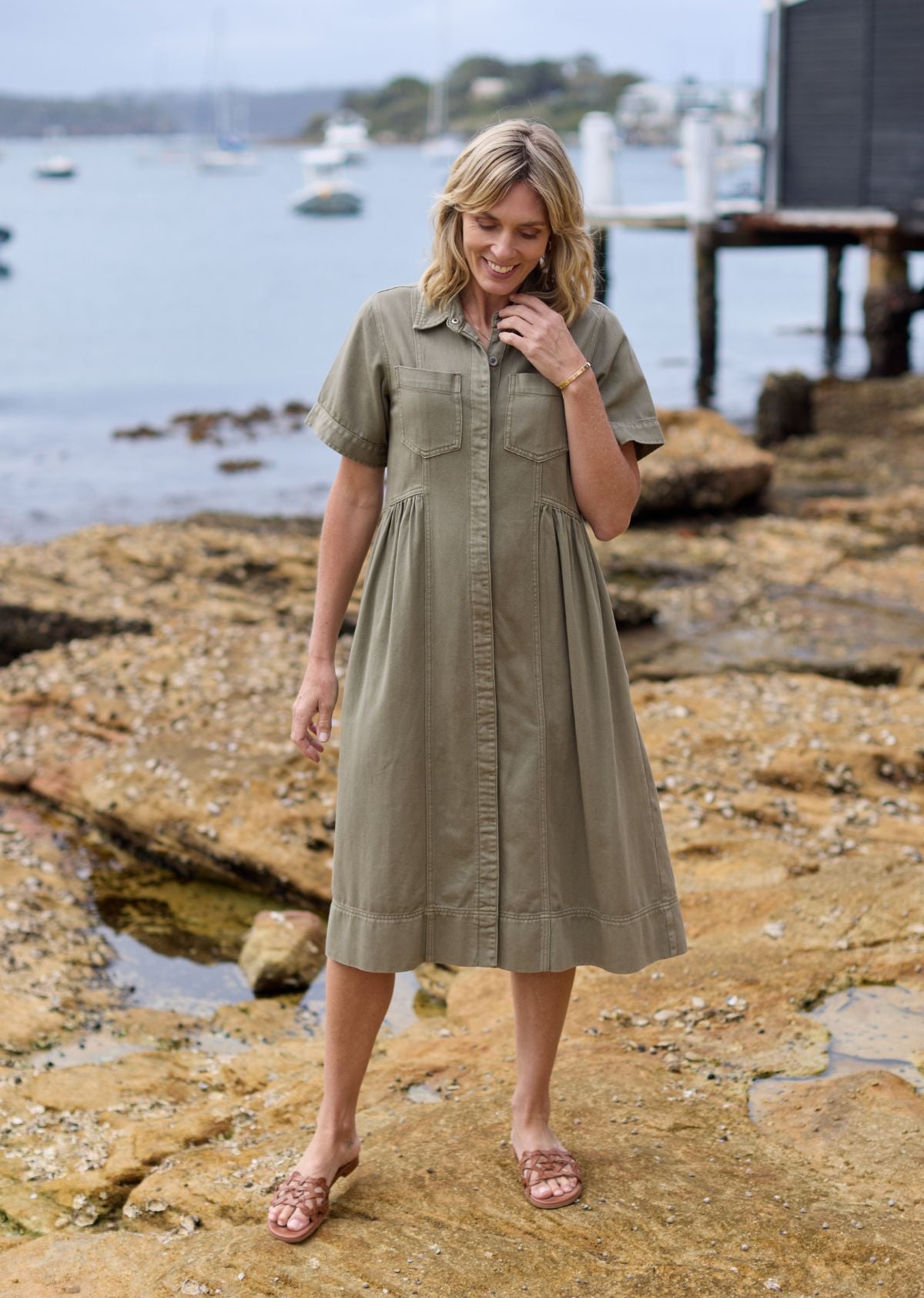 Montana Denim Midi Shirtdress - Khaki - Short Sleeves w/ Button Down Front, M