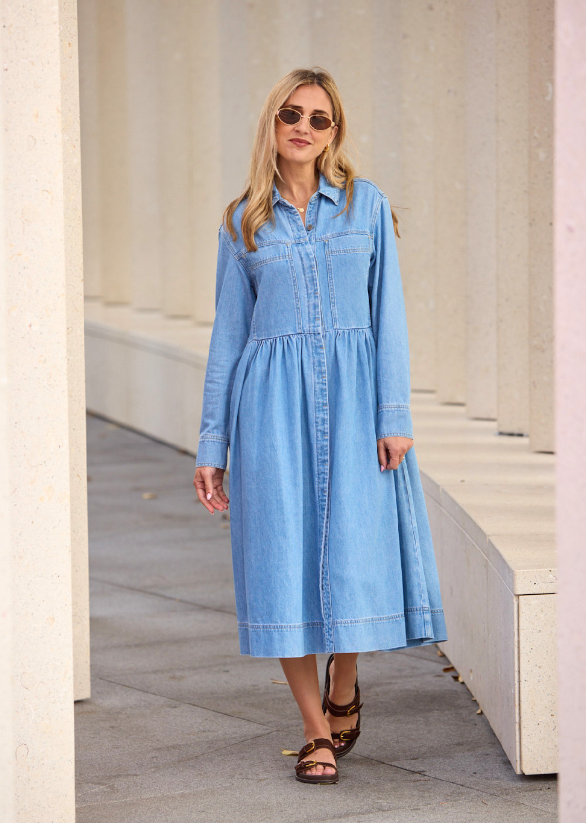 HARPER LONG SLEEVE DENIM SHIRTDRESS - LIGHT BLUE