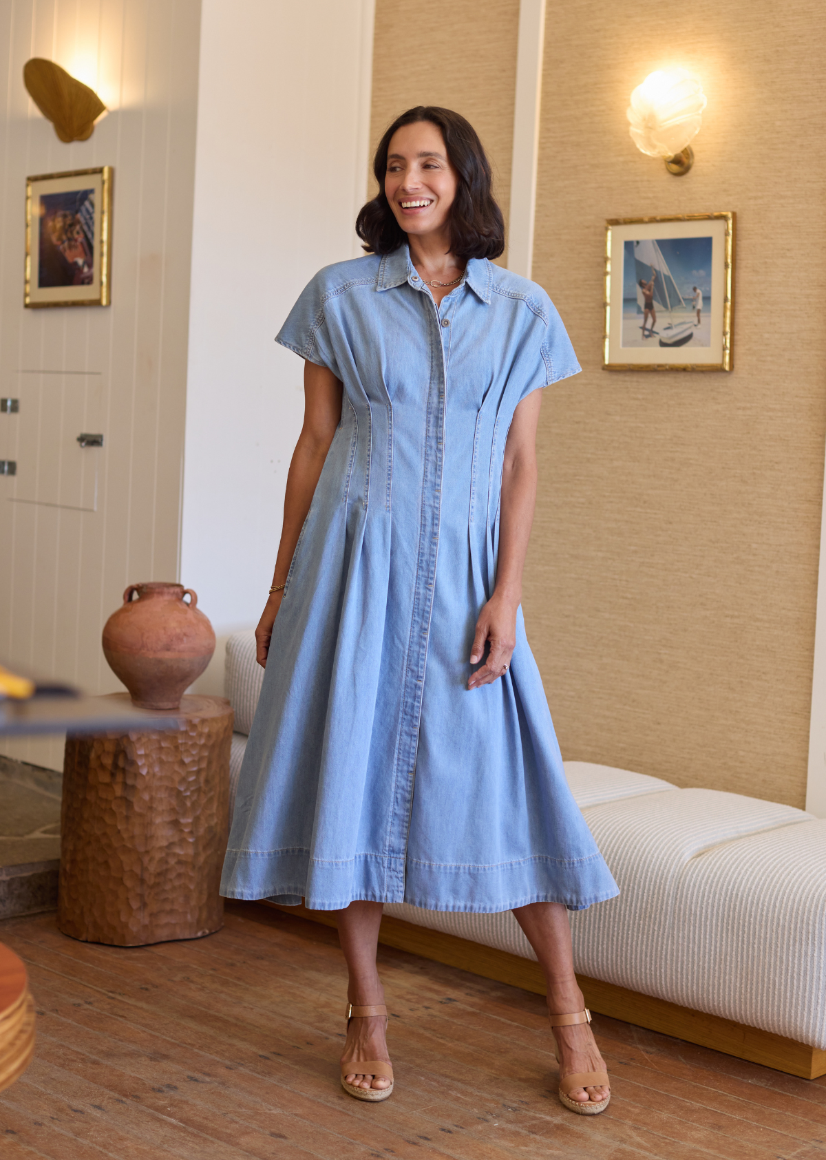 M A Y E Women's Camille Denim Dress - Cotton - Pleated - Button-Down - Light Blue, L