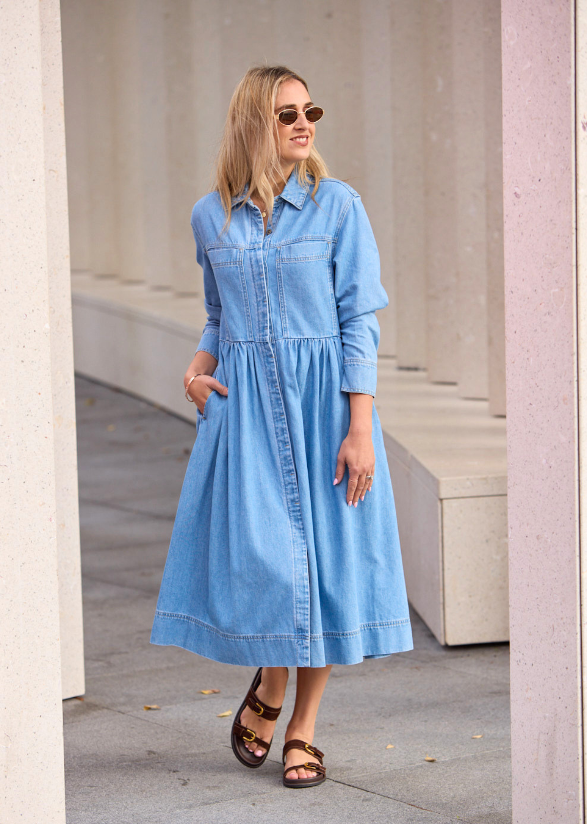 HARPER LONG SLEEVE DENIM SHIRTDRESS - LIGHT BLUE