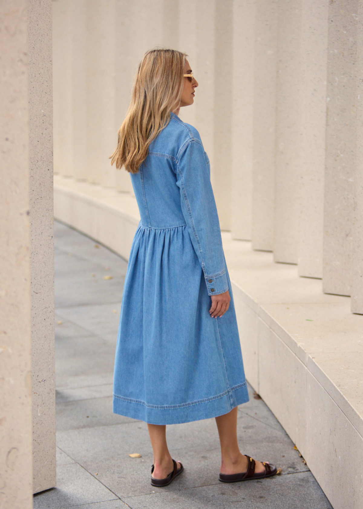 HARPER LONG SLEEVE DENIM SHIRTDRESS - LIGHT BLUE