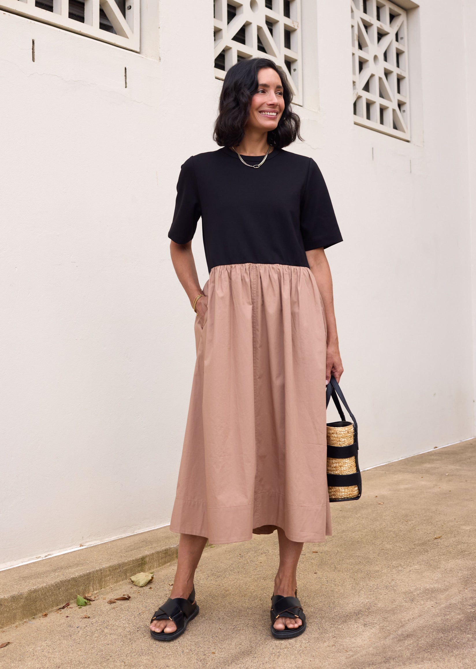 MIMI MIDI DRESS - BLACK/CAMEL - PETITE