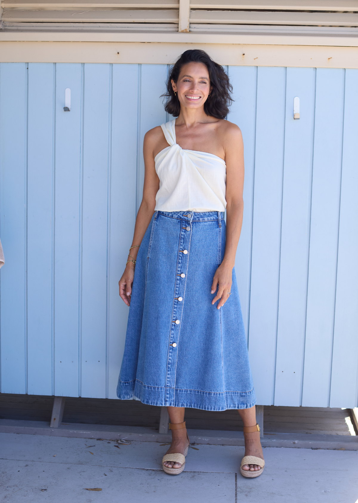 CARA DENIM MIDI SKIRT - MID BLUE - PETITE