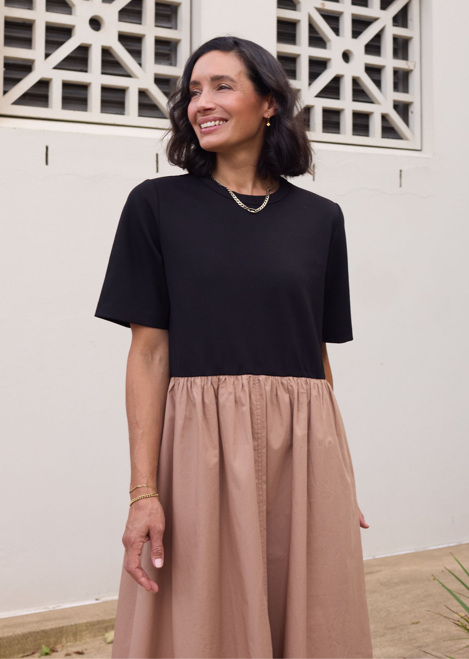 MIMI MIDI DRESS - BLACK/CAMEL