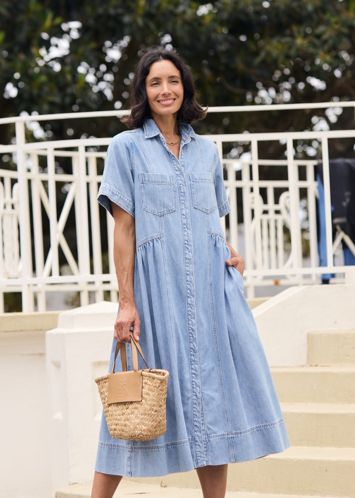 Montana Denim Midi Shirtdress - Light Blue - Short Sleeves w/ Button Down Front, XL
