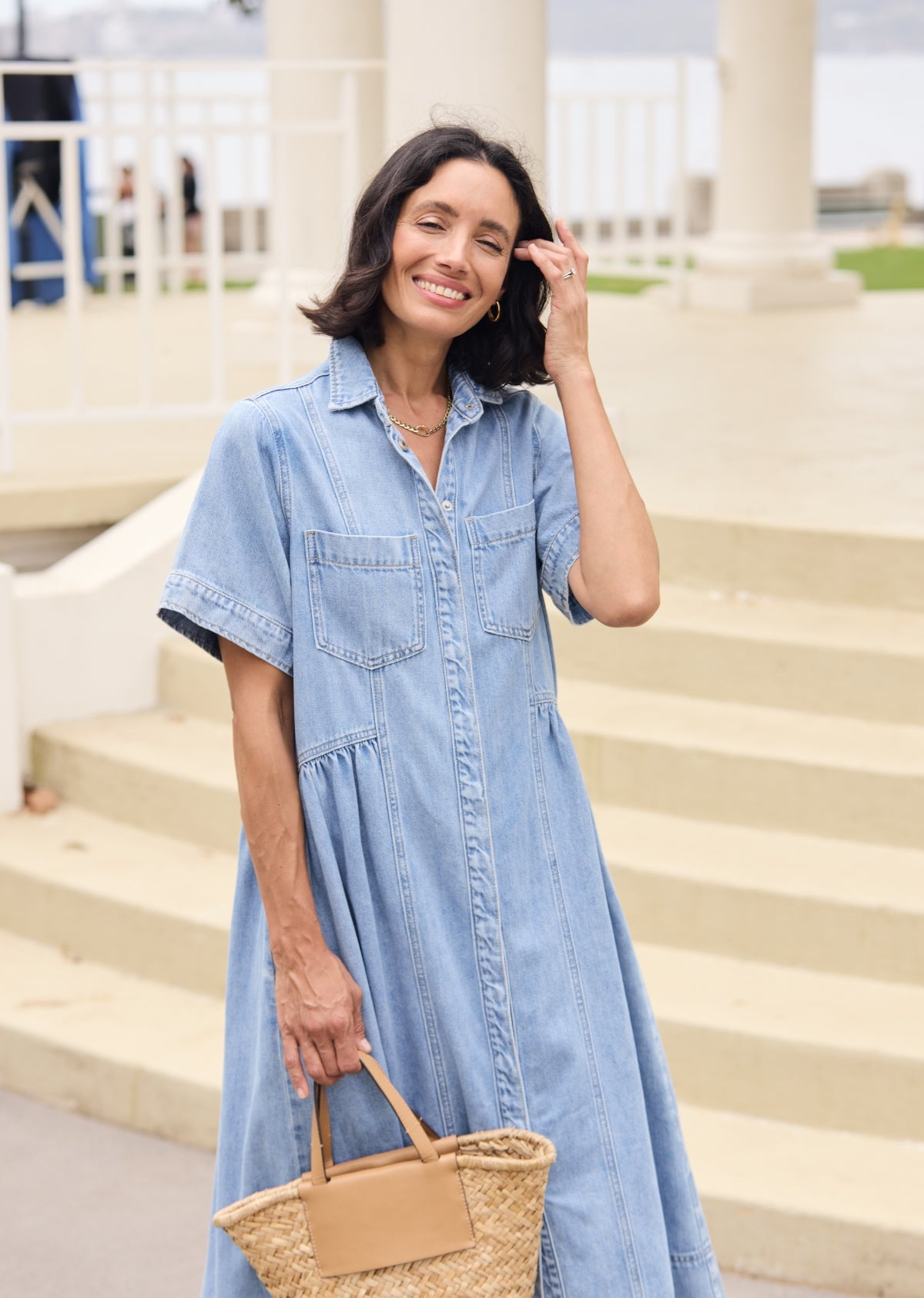 Montana Denim Midi Shirtdress - Light Blue - Short Sleeves w/ Button Down Front, M