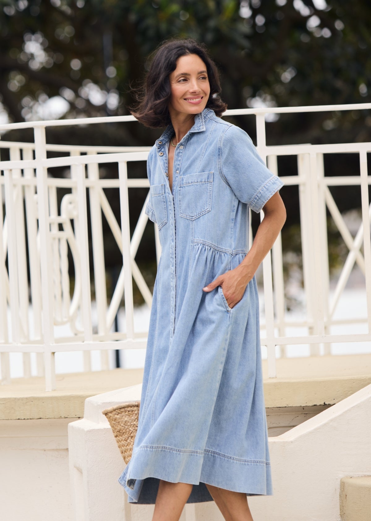 Montana Denim Midi Shirtdress - Light Blue - Short Sleeves w/ Button Down Front, XL