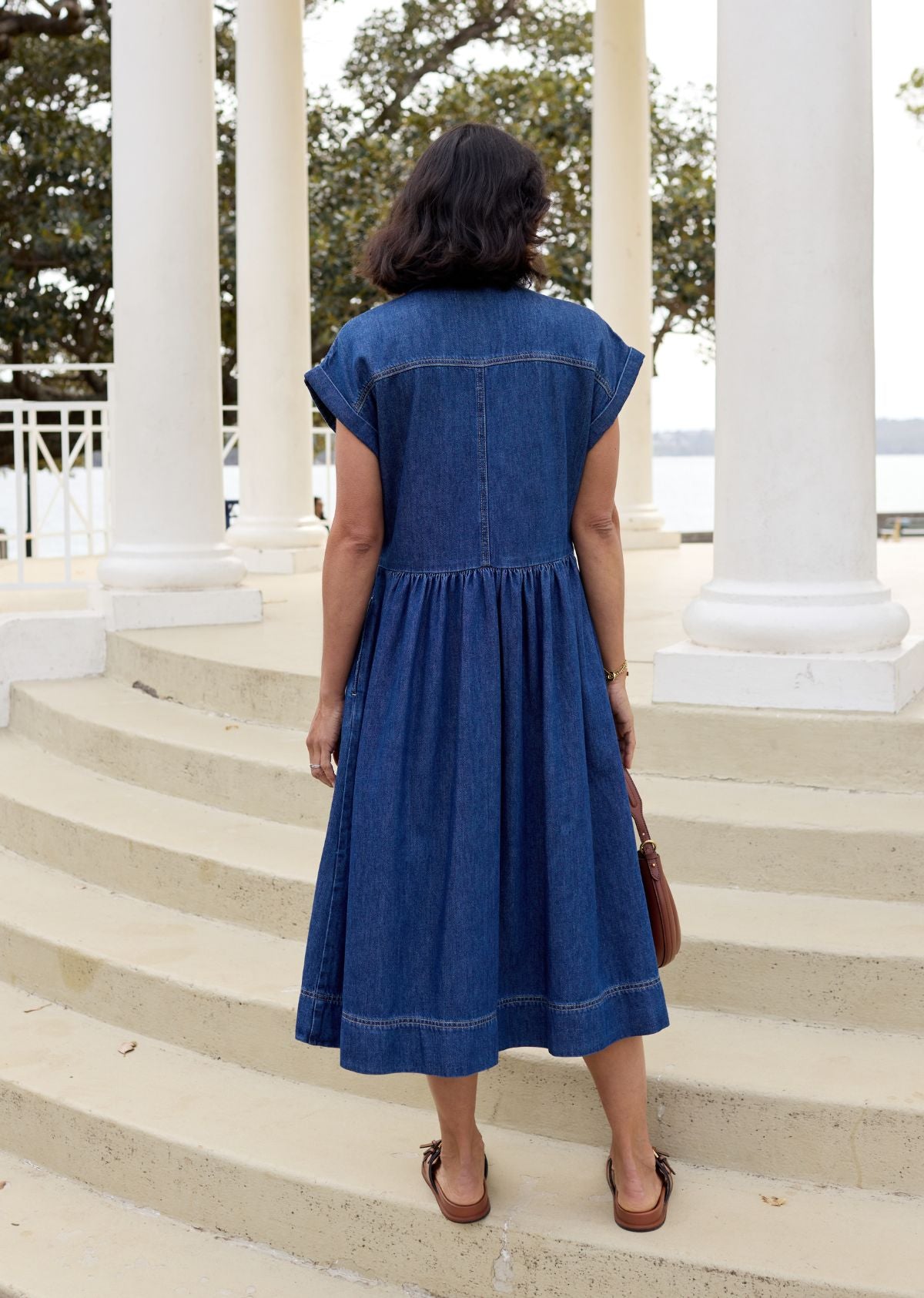 Harper Denim Midi Dress - Mid Blue - Petite - 100% Cotton, Cap Sleeve, S