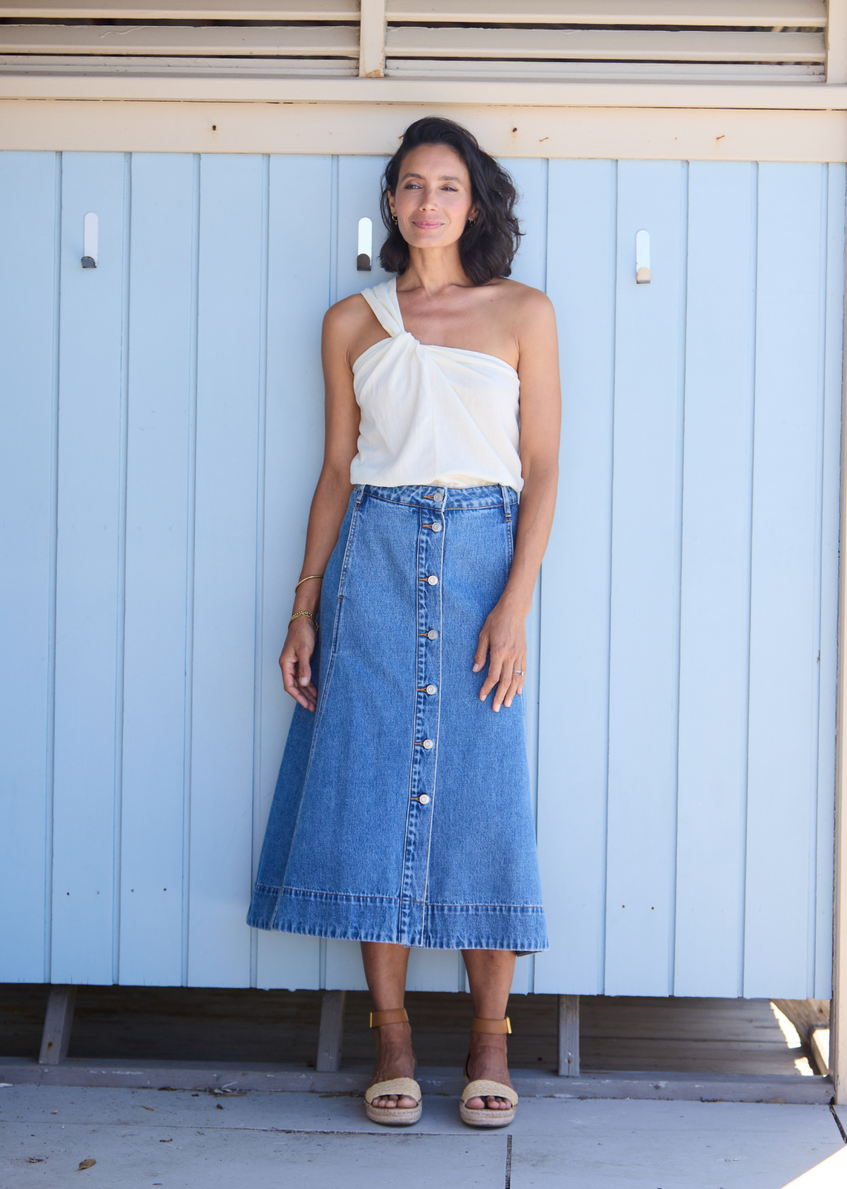CARA DENIM MIDI SKIRT - MID BLUE - PETITE