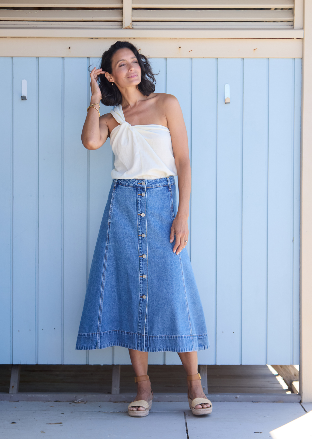 CARA DENIM MIDI SKIRT - MID BLUE - PETITE