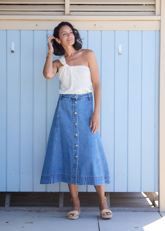 CARA DENIM MIDI SKIRT - MID BLUE - PETITE