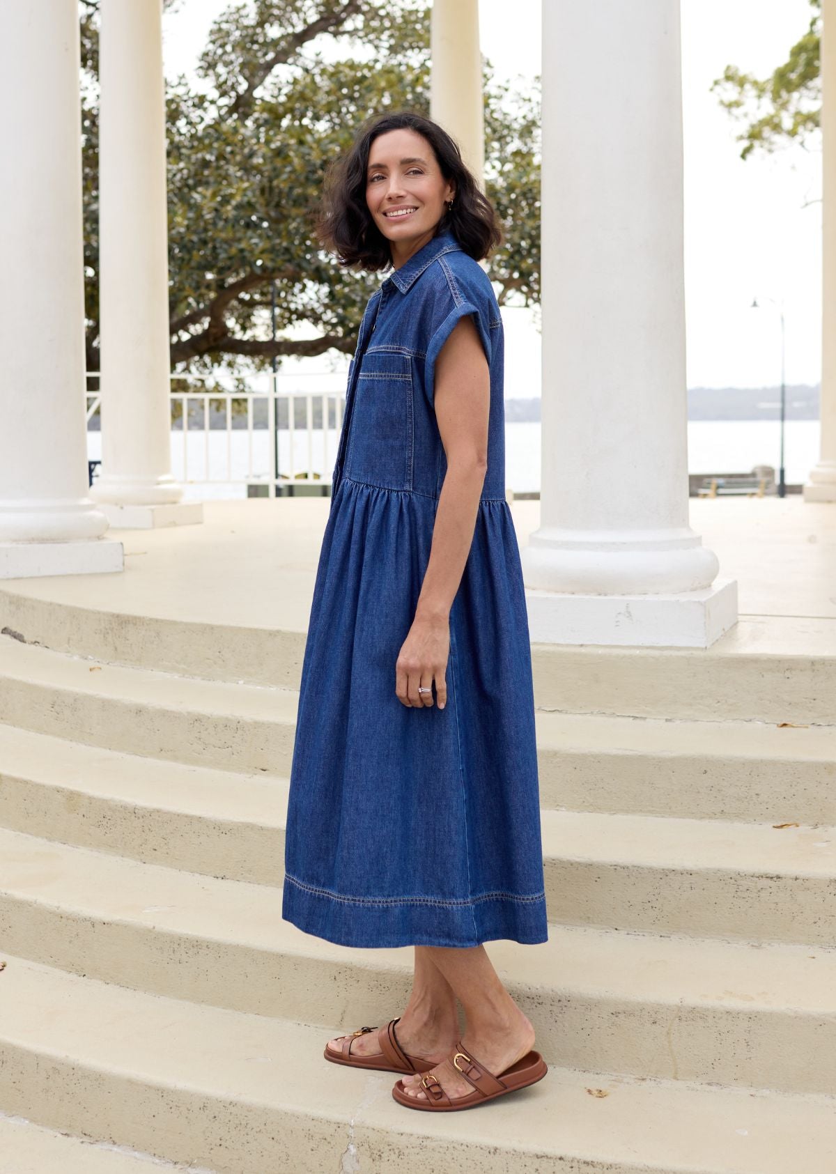 Harper Denim Midi Dress - Mid Blue - Petite - 100% Cotton, Cap Sleeve, S