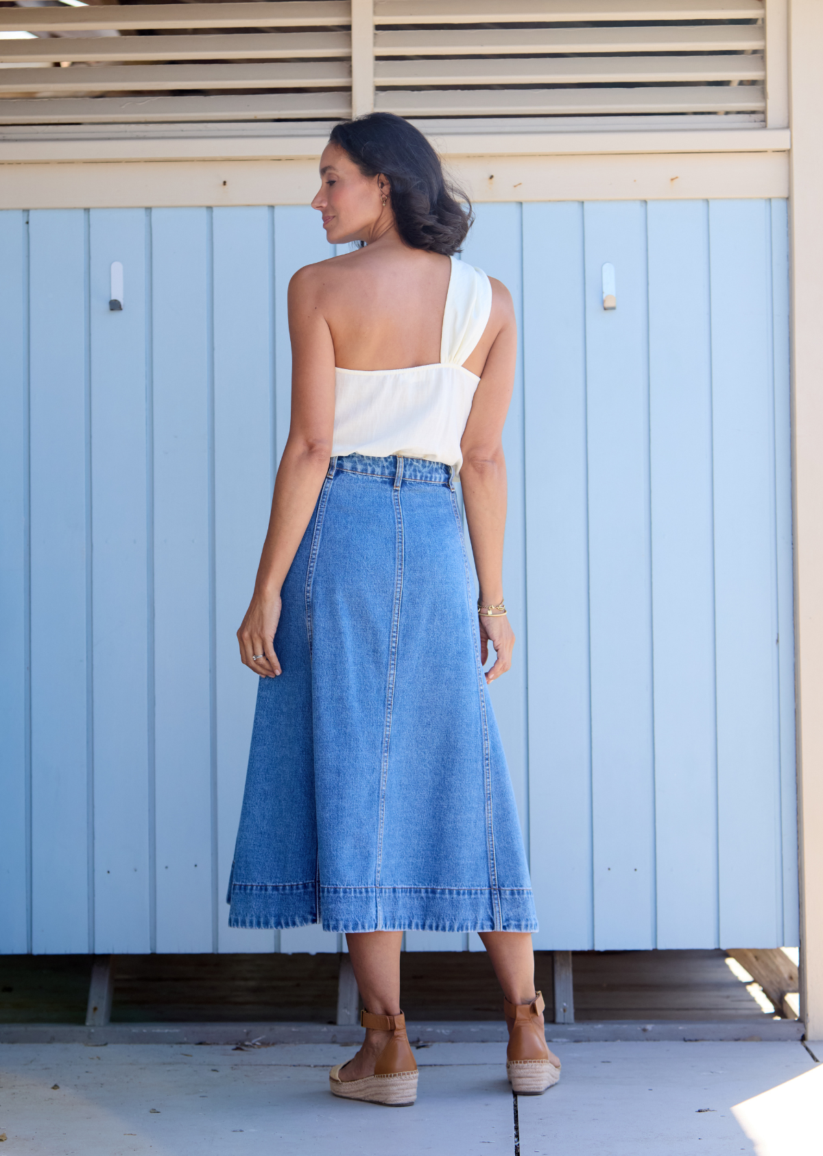CARA DENIM MIDI SKIRT - MID BLUE - PETITE
