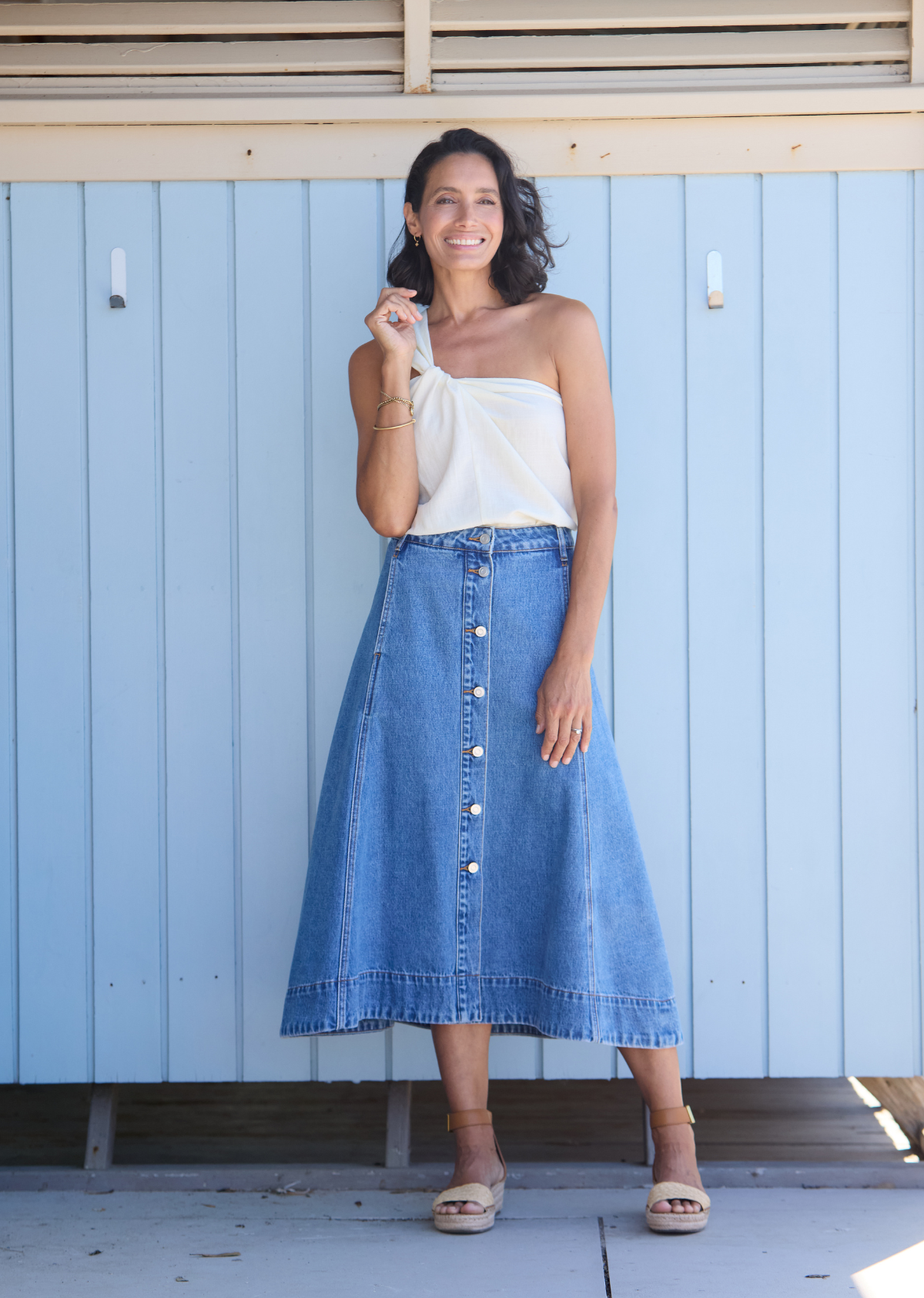 CARA DENIM MIDI SKIRT - MID BLUE - PETITE