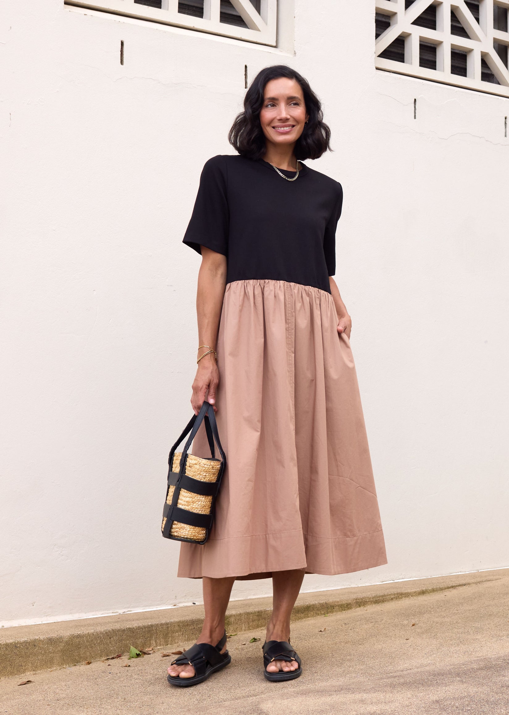 MIMI MIDI DRESS - BLACK/CAMEL