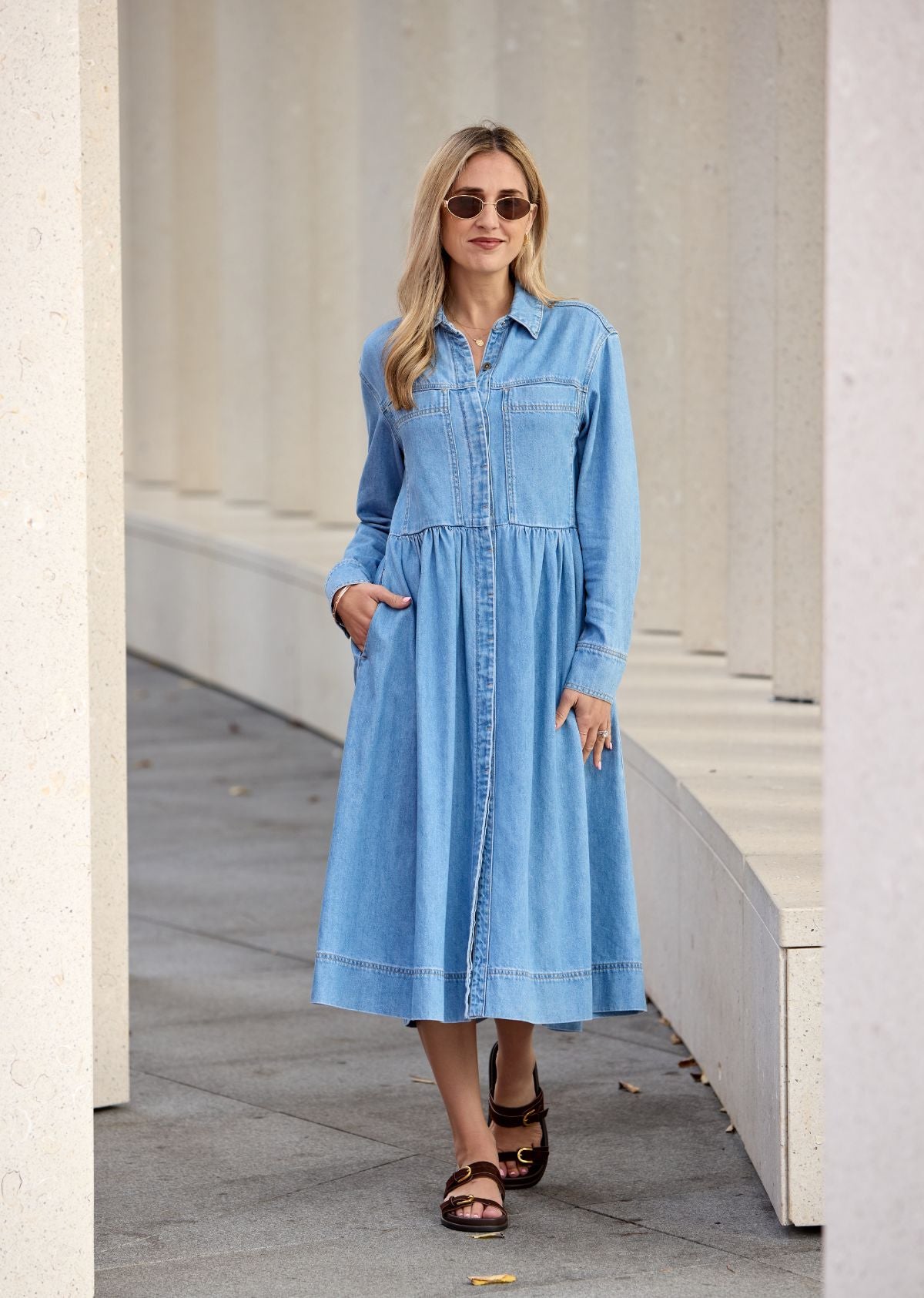 HARPER LONG SLEEVE DENIM SHIRTDRESS - LIGHT BLUE