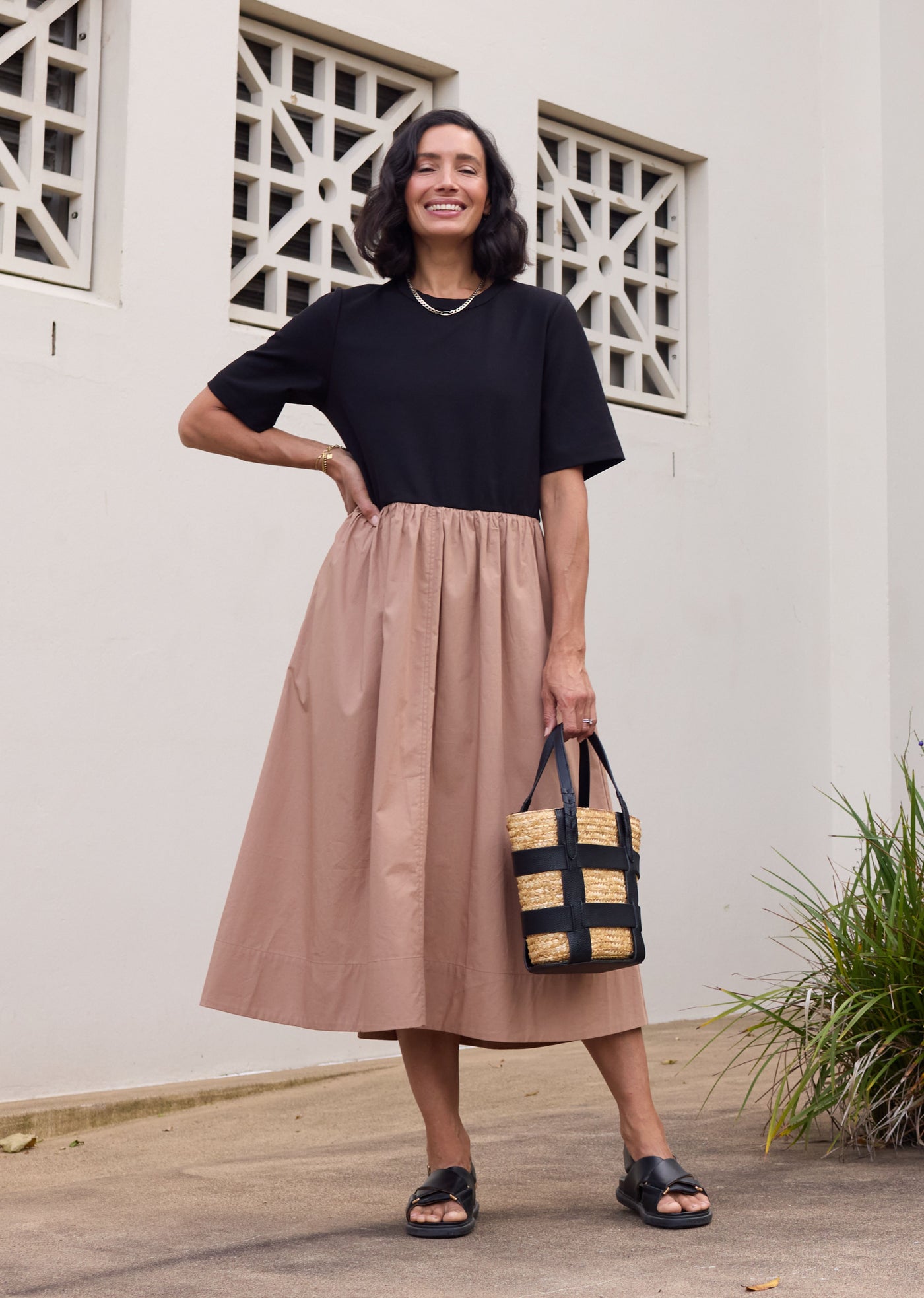 MIMI MIDI DRESS - BLACK/CAMEL