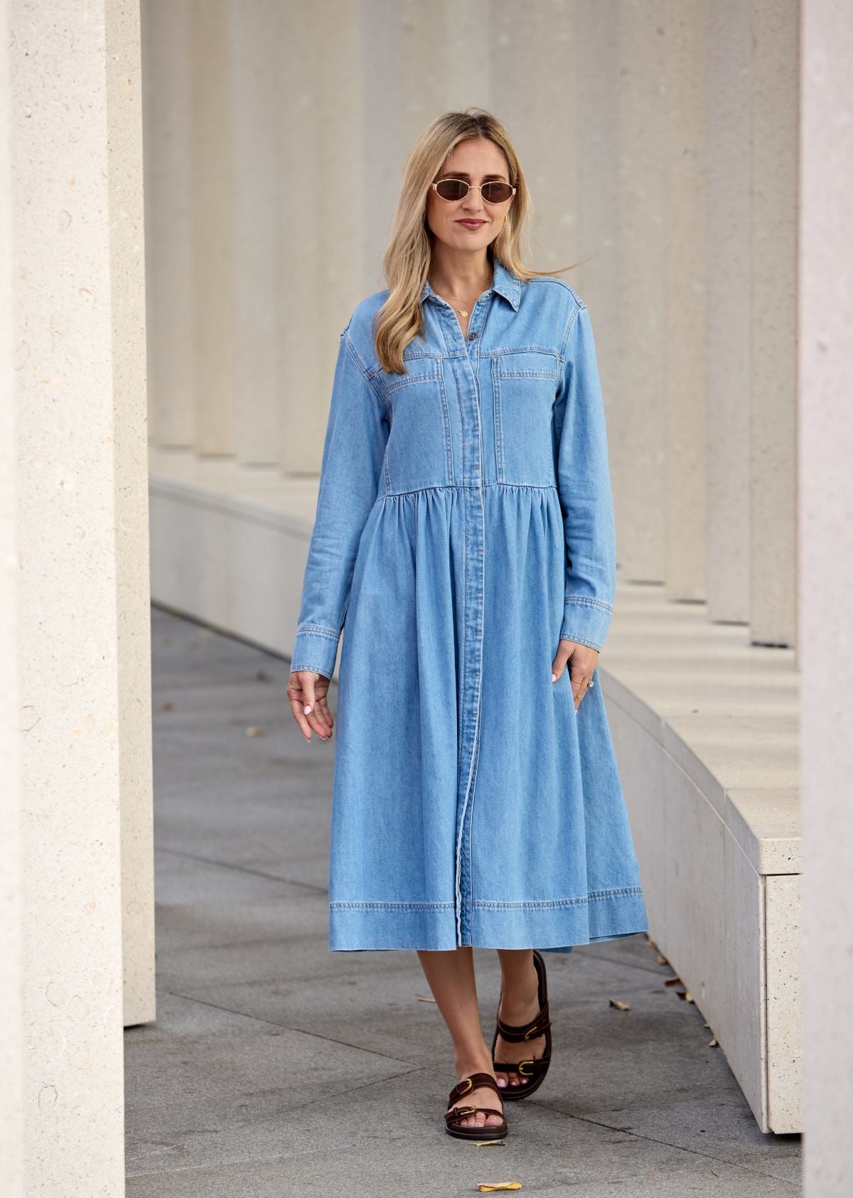 HARPER LONG SLEEVE DENIM SHIRTDRESS - LIGHT BLUE